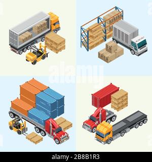 Set of illustrations of modern freight trucks and small forklift in process of loading cargo Stock Vector