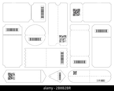 Set of various white tickets with barcodes and QR codes Stock Vector