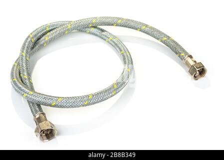 Old gas hose for cook stove on a white Stock Photo