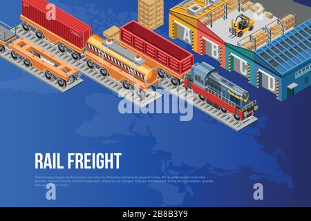 Bright isometric vector design with trains on railway and warehouse for global delivery concept Stock Vector