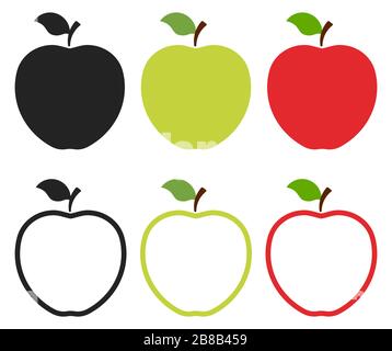 Set of apple icons. Black, green, red fill and outline apple logo isolated on white background. Vector illustration for any design. Stock Vector