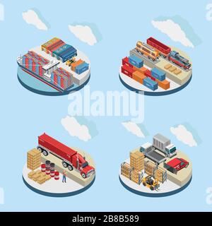 Isometric vector illustrations of white clouds over various depots and freight vehicles Stock Vector