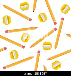 Seamless pattern with pencils and yellow sharpeners isolated on white background. Cartoon style. Vector illustration for design, web, wrapping paper, Stock Vector