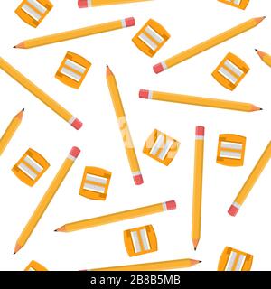 Seamless pattern with pencils and orange sharpeners isolated on white background. Cartoon style. Vector illustration for design, web, wrapping paper, Stock Vector
