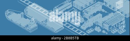 Blueprint of sea port and warehouse on isometric vector design Stock Vector