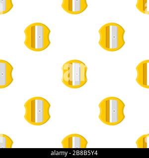 Seamless pattern with pencil yellow sharpener on white background. Cartoon style. Vector illustration for design, web, wrapping paper, fabric. Stock Vector