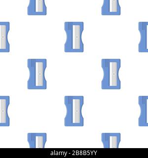 Seamless pattern with pencil blue sharpener on white background. Cartoon style. Vector illustration for design, web, wrapping paper, fabric. Stock Vector