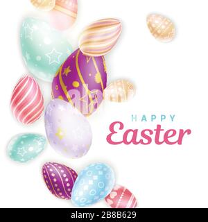 Set of various colored eggs near lovely Happy Easter inscription on white Stock Vector