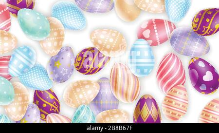 Bunch of majestic Easter eggs decorated with various ornaments on white background Stock Vector