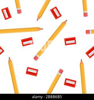 Seamless pattern with pencils and red sharpeners isolated on white background. Cartoon style. Vector illustration for design, web, wrapping paper, fab Stock Vector