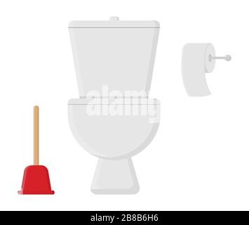 Ceramic toilet bowl, red plunger and white roll of toilet paper isolated on white background. Cartoon style. Vector illustration for any design. Stock Vector