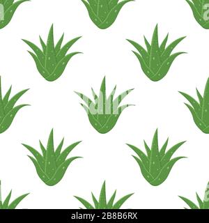 Seamless pattern with aloe vera medicinal plant cut leaves isolated on white background. Cartoon style. Vector illustration for any design. Stock Vector