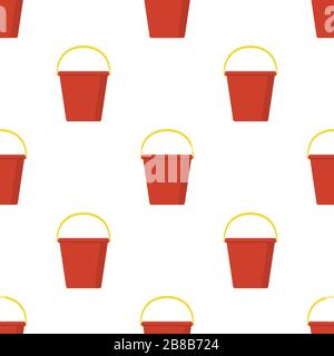 Seamless pattern with plastic red bucket empty or with water on white background. Cartoon style. Vector illustration for design, web, wrapping paper, Stock Vector
