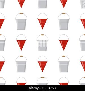 Seamless pattern with fire bucket and tin bucket empty or with water on white background. Cartoon style. Vector illustration for any design. Stock Vector