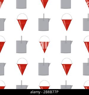 Seamless pattern with fire bucket and tin bucket empty or with water on white background. Cartoon style. Vector illustration for any design. Stock Vector