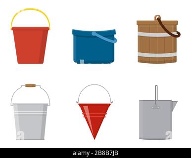 Set of wooden buckets and bucketful plastic empty or with water for gardening isolated on white background. Cartoon style. Vector illustration for any Stock Vector