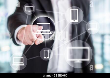Global information technology, wireless online network, viral marketing, sharing on social media, internet of things and blockchain concept. Stock Photo