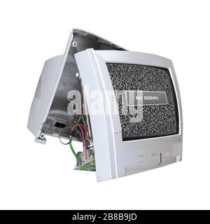 Old broken analog TV set with static noise and no signal Stock Photo