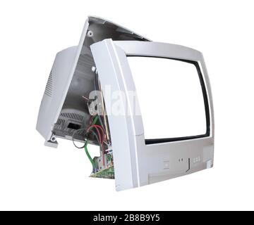 Old broken analog TV set with blank screen and copy space Stock Photo