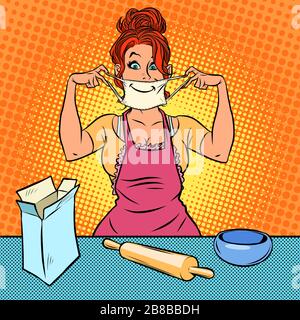 A housewife in a medical mask prepares dough Stock Vector