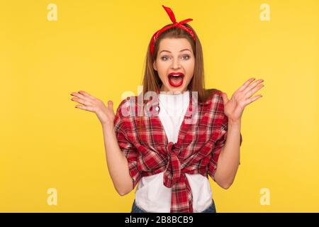Oh my god, wow! Portrait of surprised pinup girl in checkered shirt and headband screaming in surprise, shocked by crazy news. retro vintage 50's styl Stock Photo