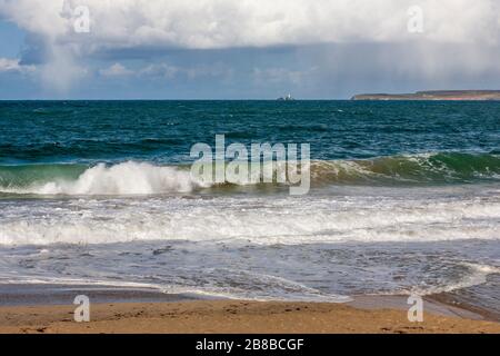 Carbis Bay (aka Barrepta Cove), and the view across St. Ives' Bay to Godrevy Point, Cornwall Stock Photo