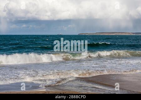 Carbis Bay (aka Barrepta Cove), and the view across St. Ives' Bay to Godrevy Point, Cornwall, England, UK Stock Photo