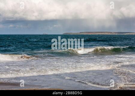 Carbis Bay (aka Barrepta Cove), and the view across St. Ives' Bay to Godrevy Point, Cornwall Stock Photo