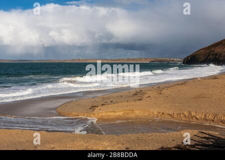 Carbis Bay (aka Barrepta Cove), and the view across St. Ives' Bay to Gwithian, Cornwall, UK Stock Photo