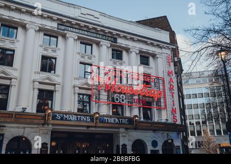 Agatha Christies The Mousetrap at St Martins ; illuminated red neon ...