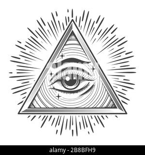 All seeing Eye in Triangle. Freemasonry occult Symbol in engraving style. Vector illustration Stock Vector