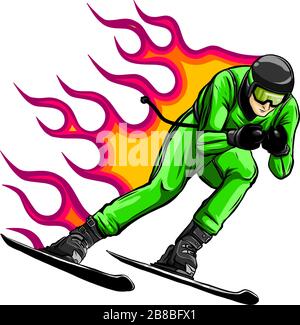 Smiling cartoon skier. Mountain skiing sportsman character with goggles and ski suit. Young man on skis vector illustration. Stock Vector