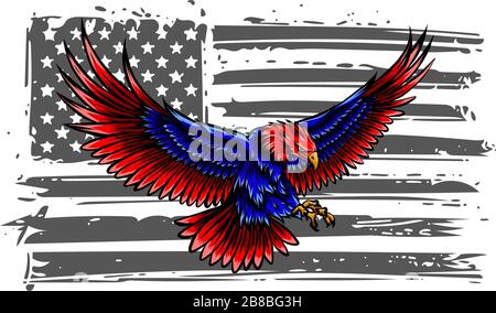 Bald eagle attacking with the flag of USA on the background. Old-school tattoo design. Stock Vector