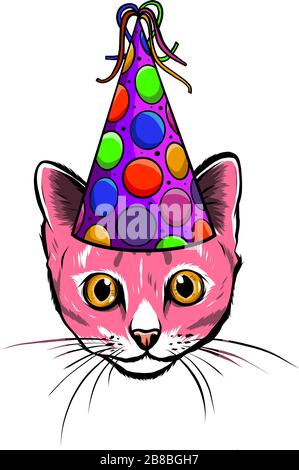 Hand Drawn Illustration of Cat in Party Hat, Heart shaped Glasses and Big Candy. Stock Vector