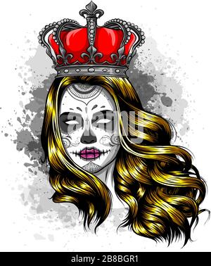 Female skull with a crown and long hair. Queen of death drawn in tattoo style. Vector illustration. Stock Vector