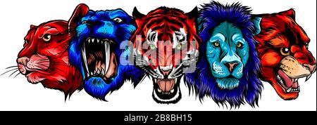 Cartoon cats vector set. Illustration of black panther, cougar, jaguar, leopard, lion, tiger, cheetah, snow leopard. Stock Vector
