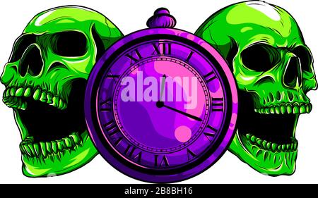 pocket watch with human skull,Time and death concept. illustration line art. Stock Vector