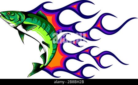 Illustration of a jumping Atlantic Salmon in an etched style Stock Vector