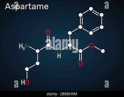 Aspartame, APM, molecule. Sugar substitute and E951. Structural chemical formula on the dark blue background. Illustration Stock Photo