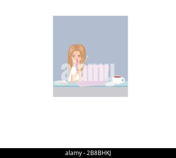 sick secretary working at the laptop Stock Vector