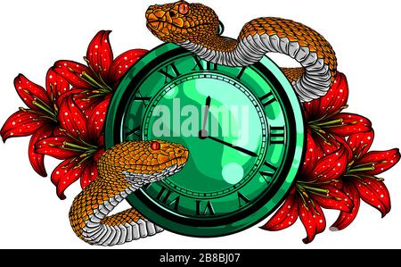 Vintage pocket watch with leaves and snake Stock Vector