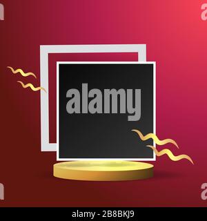 Metallic golden stage with floating geometrical forms and round platform, realistic minimal background, 3d luxury frame scene for product presentation Stock Vector