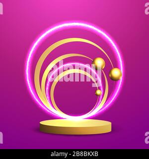 Metallic golden stage with floating geometrical forms and glow neon light, round platform, realistic minimal background, 3d luxury frame scene for pro Stock Vector
