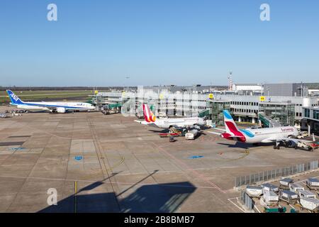 Dusseldorf, Germany – March 24, 2019: ANA, Eurowings and Germanwings airplanes at Dusseldorf airport (DUS) in Germany. Stock Photo