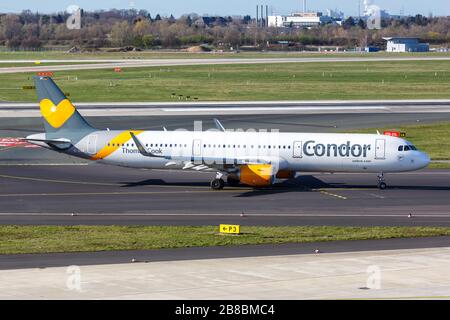 Dusseldorf, Germany – March 24, 2019: Condor Airbus A321 airplane at Dusseldorf airport (DUS) in Germany. Airbus is a European aircraft manufacturer b Stock Photo