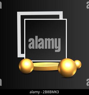 Metallic golden stage with floating geometrical forms, square with paper platform, realistic minimal background, 3d scene on black color for product p Stock Vector