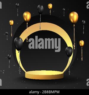 Metallic golden stage with flying  balloons, round platform, realistic minimal background, 3d luxury scene on black for product presentation or mockup Stock Vector