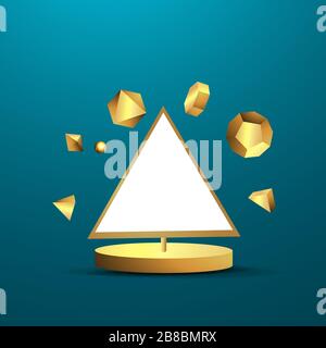 Metallic golden stage with floating geometrical forms, triangle with paper platform, realistic minimal background, 3d scene on black color for product Stock Vector