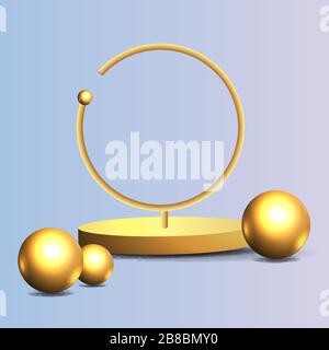 Metallic golden round frame with floating geometrical forms, realistic minimal background, 3d luxury scene on deep ocean blue for product presentation Stock Vector