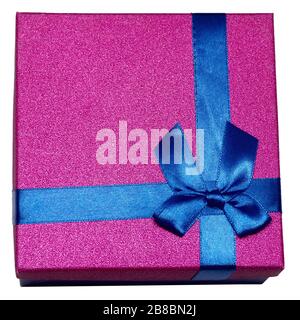 Pink and Blue gift box. Birthday present in pink. Wrapping paper over a cardboard box as a gift. Isolated on white. Clipping path. Happy birthday Stock Photo
